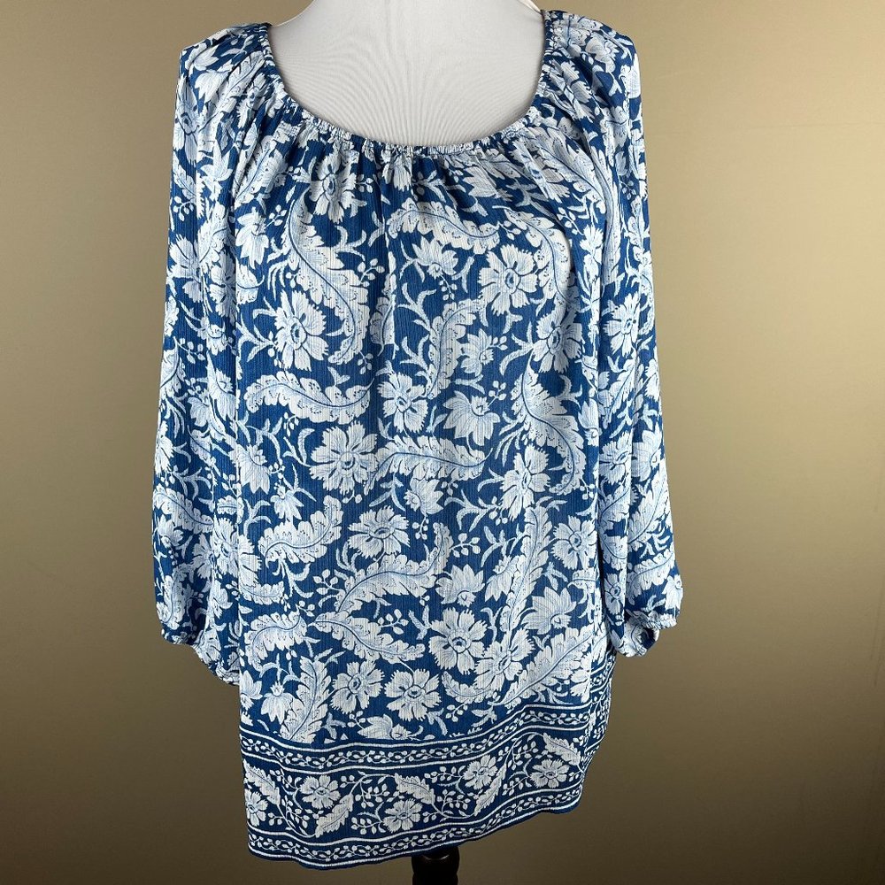 Chaps 3/4 Sleeve Tunic Top Blouse Size S Blue White, Floral Pattern